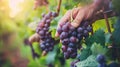 Closeup of woker hand picking ripe grapes from vineyard