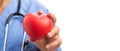 Closeup of woman cardiologist doctor hand holding red toy heart Royalty Free Stock Photo