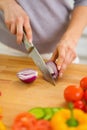 Closeup on woman cutting onion Royalty Free Stock Photo