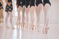 Closeup woman dance instructor teaching a ballet class to a group of a children in her studio. Ballerina teacher working Royalty Free Stock Photo