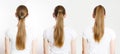 Closeup woman different ponytails back view isolated white background. Hair Natural blonde straight long Hairstyle. Easy quick Royalty Free Stock Photo