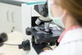 Closeup of woman doctor viewing through microscope