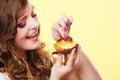 Closeup woman eating fruit cake sweet food Royalty Free Stock Photo