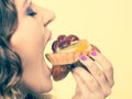 Closeup woman eating fruit cake sweet food Royalty Free Stock Photo