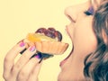 Closeup woman eating fruit cake sweet food Royalty Free Stock Photo