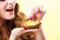 Closeup woman eating fruit cake sweet food Royalty Free Stock Photo