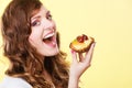 Closeup woman eating fruit cake sweet food Royalty Free Stock Photo