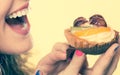 Closeup woman eating fruit cake sweet food Royalty Free Stock Photo