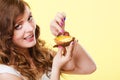 Closeup woman eating fruit cake sweet food Royalty Free Stock Photo