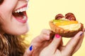 Closeup woman eating fruit cake sweet food Royalty Free Stock Photo