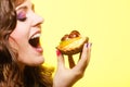 Closeup woman eating fruit cake sweet food Royalty Free Stock Photo