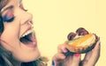 Closeup woman eating fruit cake sweet food Royalty Free Stock Photo