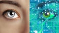 Closeup woman face half human and half android or robot Royalty Free Stock Photo