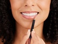 Closeup woman, face and lip pencil for beauty cosmetics, facial skincare and salon transformation. Happy female, mouth Royalty Free Stock Photo