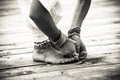 Closeup of woman feet and hands in yoga postion bw Royalty Free Stock Photo