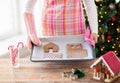 Closeup of woman with gingerbread house on pan Royalty Free Stock Photo