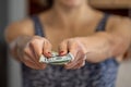 Closeup of woman hand giving money Royalty Free Stock Photo