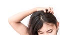Closeup woman hand itchy scalp, Hair care