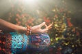 Closeup of woman hand in mudra gesture practice yoga meditation