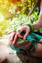 Closeup of woman hand in mudra gesture practice yoga sit on tree