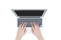 Closeup woman hand typing on keyboard at the gray notebook computer isolated on white background