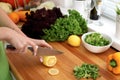 Closeup of woman hands cooking vegetables salad in kitchen. Housewife cuts lemon. Healthy meal and vegetarian concept. Royalty Free Stock Photo