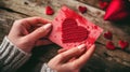 Closeup of woman hands holding handmade Valentine\'s day greeting card. Romantic holiday concept