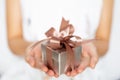 Closeup of woman hands holding a small gift box for special even Royalty Free Stock Photo