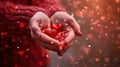 Closeup of woman hands holding Valentine\'s day small hearts. Romantic holiday concept