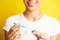 Closeup Of Woman Hands Holding White Eyelense Container Royalty Free Stock Photo