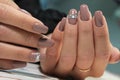 Closeup of woman hands with nail design. Royalty Free Stock Photo