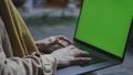 Student hands typing laptop keyboard outdoors. Businesswoman working on laptop Royalty Free Stock Photo