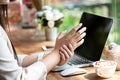 Closeup woman holding her wrist pain from using computer. Office syndrome hand pain by occupational disease Royalty Free Stock Photo