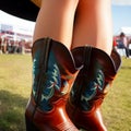 Closeup of woman legs wearing american boots at an outdoor event - AI Generated