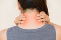 Closeup woman neck and shoulder pain and injury. Royalty Free Stock Photo