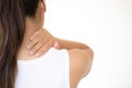 Closeup woman neck and shoulder pain and injury. Royalty Free Stock Photo