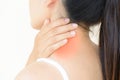 Closeup woman neck and shoulder pain and injury. Health care and Royalty Free Stock Photo