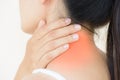 Closeup woman neck and shoulder pain and injury. Royalty Free Stock Photo