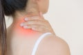 Closeup woman neck and shoulder pain and injury. Royalty Free Stock Photo