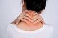 Closeup woman neck and shoulder pain and injury. Health care and medical concept Royalty Free Stock Photo