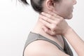 Closeup women neck and shoulder pain/injury with white backgrounds, healthcare and medical concept