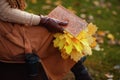 Closeup on woman with notebook, yellow leaves and cup of coffee