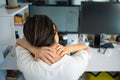 Woman with pain in her neck and shoulder and injury. Health care and medical concept. Royalty Free Stock Photo