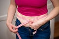 Closeup of woman pinching belly fat. Royalty Free Stock Photo