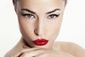 Closeup Woman Portrait With Red Lips And Black Eyeliner