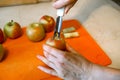 Woman removing the core and pips from the juicy apple with metal apple corer Royalty Free Stock Photo