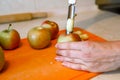 Woman removing the core and pips from the juicy apple with metal apple corer Royalty Free Stock Photo