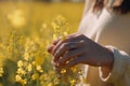 Closeup of a woman's hand holding a yellow rape flower, A girls hand closeup view of touching a yellow rape flower