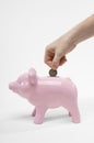 Closeup Of Woman's Hand Inserting Coin In Piggybank