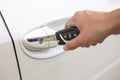 Closeup of a woman's hand inserting a key into the door lock